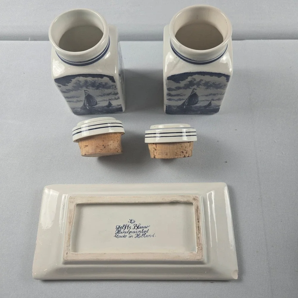 Vintage Delfts Blauw Condiment Set 2 Jars And Tray Hand Painted, Holland